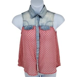 Cupids Diary Womens‎ Sleeveless Denim Chiffon Button Up Shirt Red White Print M
